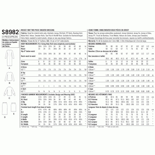 Naiste trikoo kaheosaline sviiter-kleit, topid, seelikud, Simplicity Pattern #S8982 