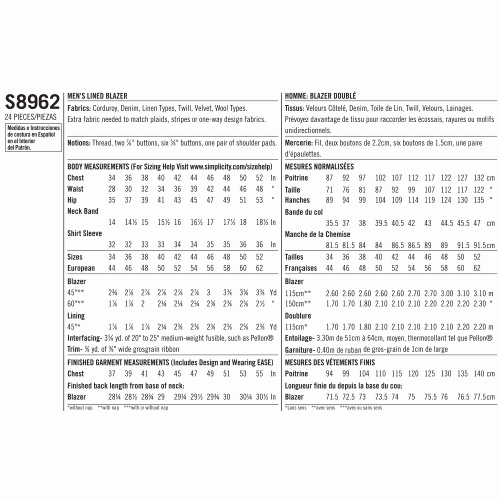 Meeste voodriga bleiser, Simplicity Pattern #S8962 