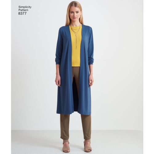 Naiste trikoo-cardigan mitmesuguste lõigetega disainihäkik, suurused: A (XXS-XS-S-M-L-XL-XXL), Simplicity Pattern #8377 