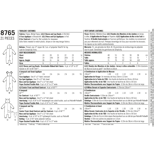 Mudilaste kostüümid, suurused: A (1/2-1-2-3-4), Simplicity Pattern #8765 