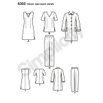 Naiste kleit, tuunika, kitsad püksid ja sirgelõikeline mantel, Simplicity Pattern #8302 