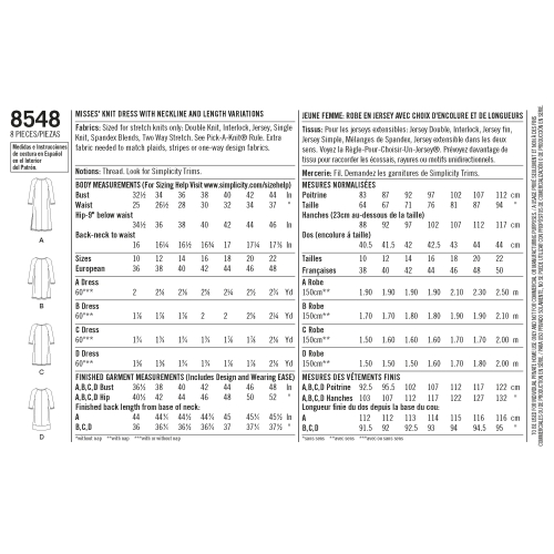 Naiste trikookleit, suurused: A (10-12-14-16-18-20-22), Simplicity Pattern #8548 