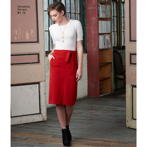 Naiste kitsad ja laienevad seelikud, kärbitud püksid, ja sõlmitav vöö, Simplicity Pattern #8175 