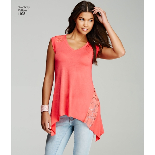 Naiste trikoo-topid kahes stiilis, suurused: A (XXS-XS-S-M-L-XL-XXL), Simplicity Pattern #1198 