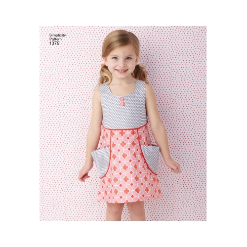 Laste kleit ja kleit 45 cm pikkuse nukule, suurused: A (3-4-5-6-7-8), Simplicity Pattern #1379 