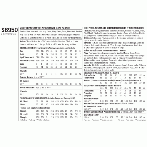 Naiste trikoo sviiter-topid variatsioonidega, Simplicity Pattern #S8950 