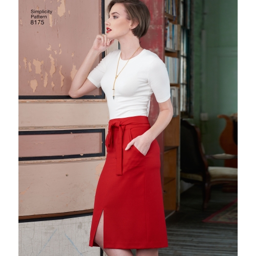 Naiste kitsad ja laienevad seelikud, kärbitud püksid, ja sõlmitav vöö, Simplicity Pattern #8175 