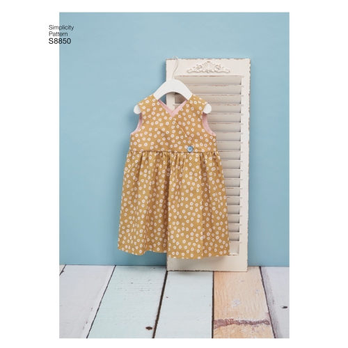 Mudilaste kleidid, kombinesoon, korv ja lelu, suurused: A (1/2-1-2-3-4), Simplicity Pattern #S8850 