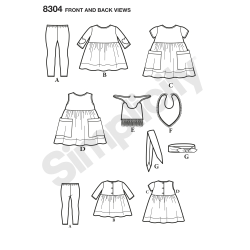Väikelaste, retuusid, toppkleit, pudipõlled ja juuksepael kolmes suurused: S(17`) M(18“) L(19`), suurused: A (XXS-XS-S-M-L), Simplicity Pattern #8304 