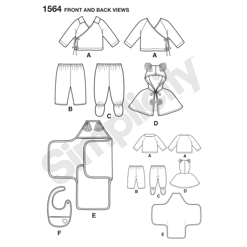 Väikelaste topp, püksid,ja tekkmähis, suurused: A (XXS-XS-S-M-L), Simplicity Pattern #1564 