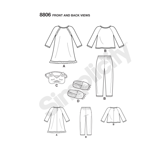 Laste kleit, topp püksid, Eye Mask ja Slippers, suurused: A (3-4-5-6-7-8), Simplicity Pattern #8806 