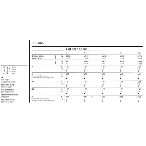 Klounid, Lõiked suurustele (Eur Sizes) Naised: 36(S)-54(XXL) ja mehed 44(S)-60(XXL)  / Clowns / Burda 2399 