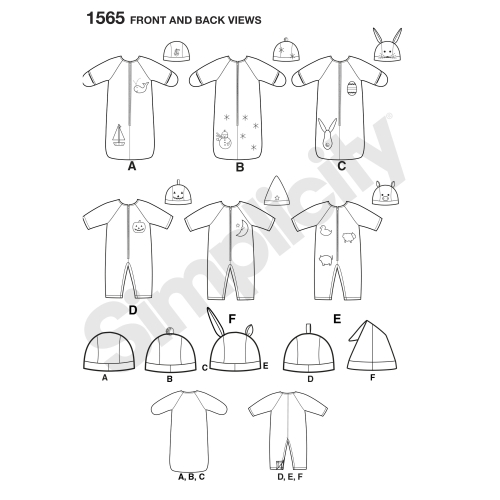 Babies` Bunting, Romper and Hats, Sizes: A (XXS-XS-S), Simplicity Pattern #1565 