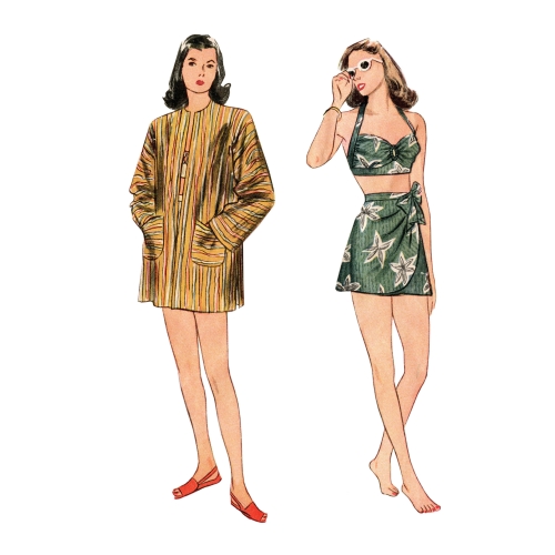 Naiste vintage bikini topp, shortsid, hõlmikseelik ja mantel, Simplicity Pattern #S8932 