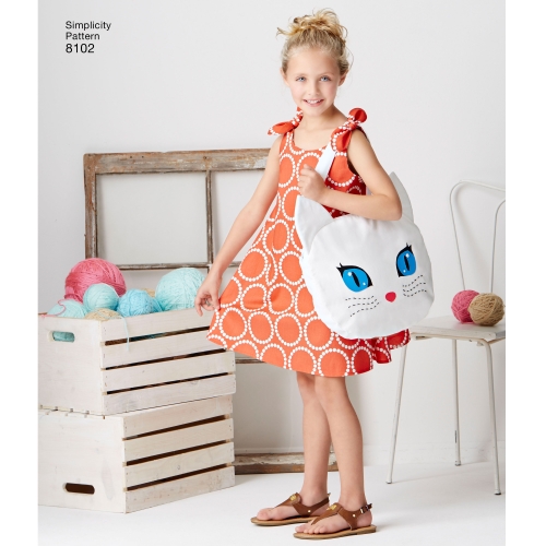 Laste Seda-on-kerge-õmmelda kleit ja kiisukott, suurused: A (3-4-5-6-7-8), Simplicity Pattern #8102 