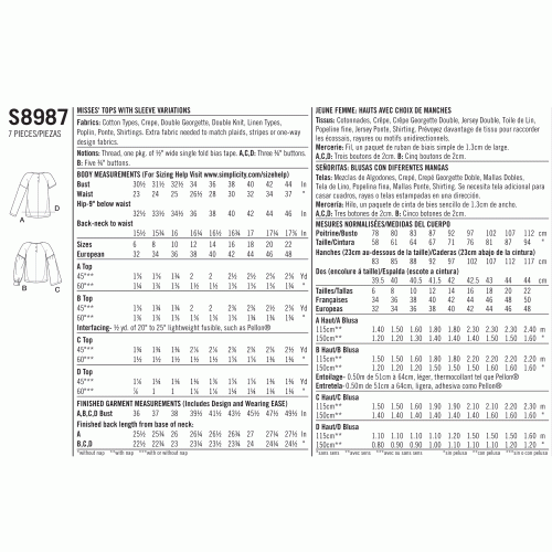 Vaiste topid varruka variatsioonidega, Simplicity Pattern #S8987 