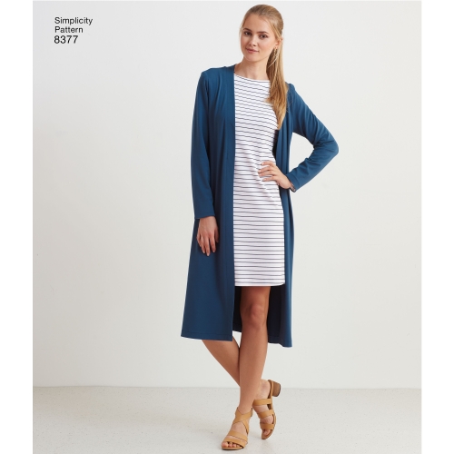 Naiste trikoo-cardigan mitmesuguste lõigetega disainihäkik, suurused: A (XXS-XS-S-M-L-XL-XXL), Simplicity Pattern #8377 