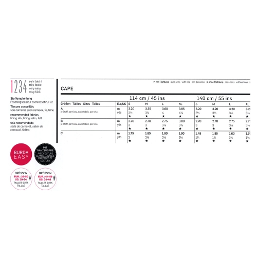 Keep, Suurustele (Eur Sizes) S-XL (36-50) / Cape / Burda 2488 