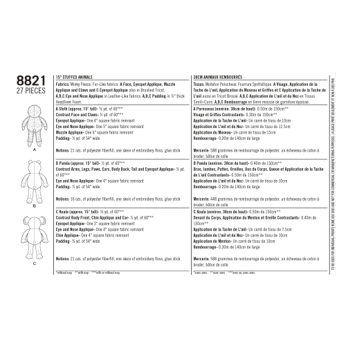 38 cm (15`) Loomad, topistäidetavad, Simplicity Pattern #8821 