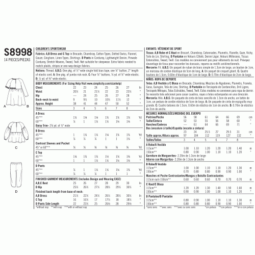 Laste Seda-on-kerge-õmmelda spordiriiete kleit, topp püksid, suurused: 3-4-5-6-7-8, Simplicity Pattern #S8998 