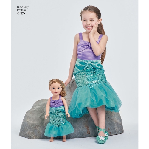 Laste ja 45cm pikkuse nuku kostüümid, suurused: A (3-4-5-6-7-8), Simplicity Pattern #8725 