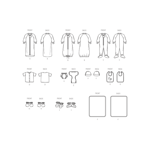 Lõikekomplekt BUTTERICK B6968 INFANTS` BUNTING, JUMPSUIT, SHIRT, DIAPER COVER, HAT, BIB, MITTENS, BOOTIES AND BLANKET, Sizes: A (XXS-XS-S-M-L), B6968A 