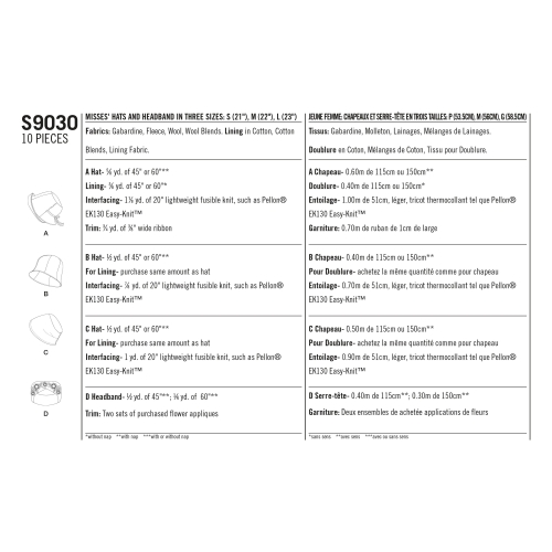 Naiste mütsid ja juuksepael kolmes mõõdus, suurused: A (S-M-L), Simplicity Pattern #S9030 