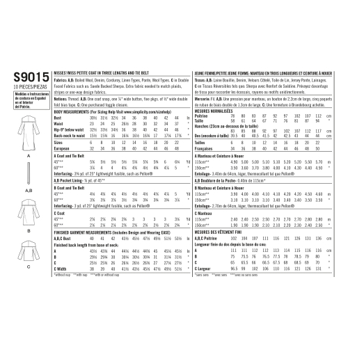 Naiste ja Petite-naiste vööga mantel, Simplicity Pattern #S9015 