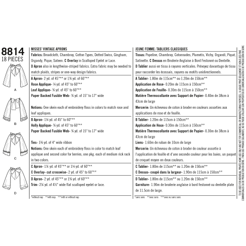 Misses` Vintage Aprons, Sizes: OS (ONE SIZE), Simplicity Pattern #8814 
