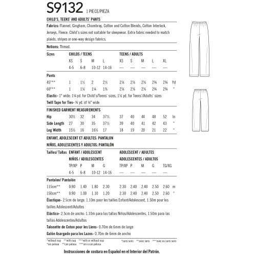 Unisex magamisriietus, suurused: A (XS - L / XS - XL), Simplicity Pattern #S9132 