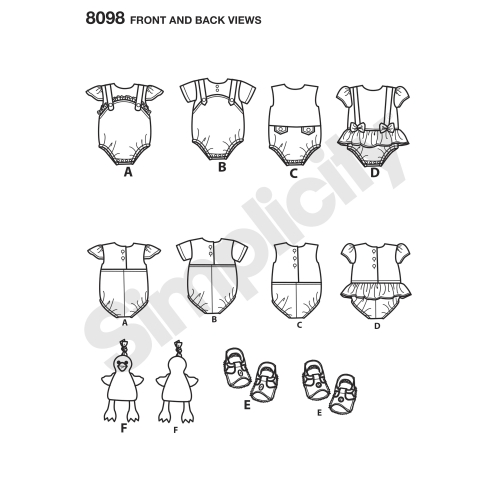 Väikelaste kombinesoons, sandaalid ja topistäidetav part, suurused: A (XXS-XS-S-M-L), Simplicity Pattern #8098 