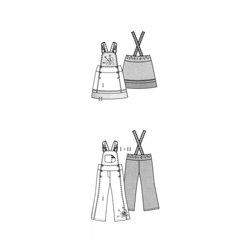 Pihikseelik -ja püksid 98 - 128cm, Bibbed skirt & overalls, Burda 9536 