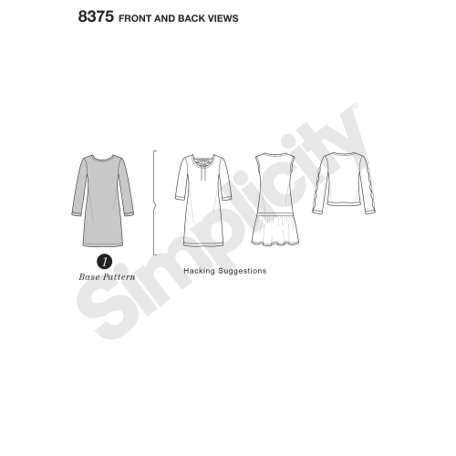 Naiste trikookleit, topp mitmesuguste lõigetega disainihäkiks, suurused: A (XXS-XS-S-M-L-XL-XXL), Simplicity Pattern #8375 