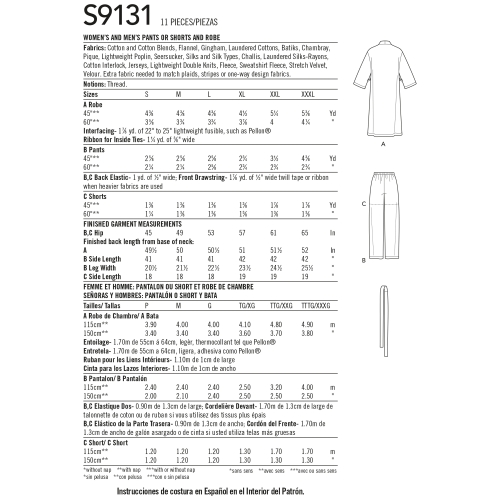 Unisex magamisriietus, suurused: AA (S-M-L), Simplicity Pattern #S9131 