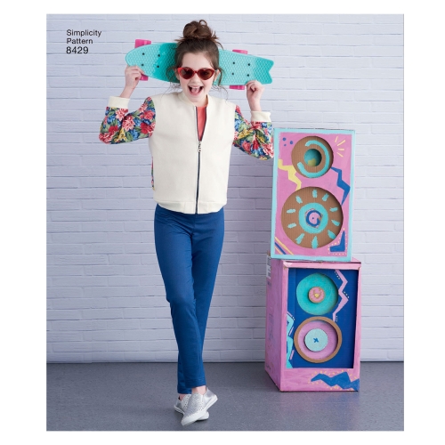 Laste ja tüdrukute bomber-jakk, seelik, retuusid ja top, Simplicity Pattern # 8429 