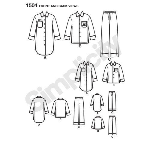 Laste, teismeliste ja täiskasvanute salongiriided, suurused: A (XS - L / XS - XL), Simplicity Pattern #1504 