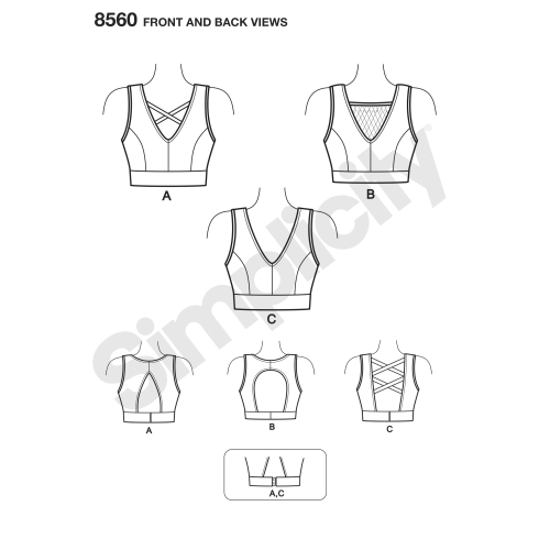 Naiste trikoo-spordirinnahoidjad, suurused: A (30A-44G), Simplicity Pattern # 8560 
