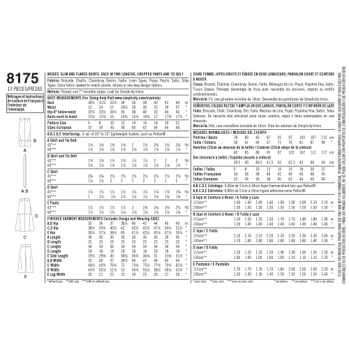 Naiste kitsad ja laienevad seelikud, kärbitud püksid, ja sõlmitav vöö, Simplicity Pattern #8175 