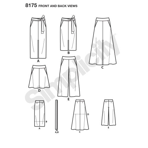 Naiste kitsad ja laienevad seelikud, kärbitud püksid, ja sõlmitav vöö, Simplicity Pattern #8175 