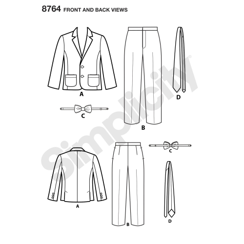 Poiste ülikond ja lipsud, suurused: A (3-4-5-6-7-8), Simplicity Pattern #8764 