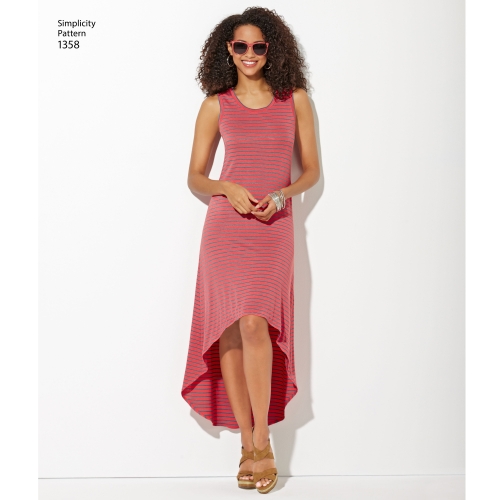Naiste trikookleidid pikkuse ja seljajoone variatsioonidega, suurused: A (XXS-XS-S-M-L-XL-XXL), Simplicity Pattern #1358 