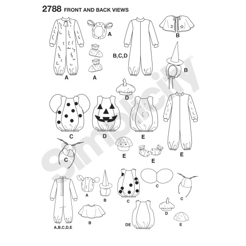 Mudilaste kostüümid, suurused: A (1/2,1,2,3,4), Simplicity Pattern #2788 