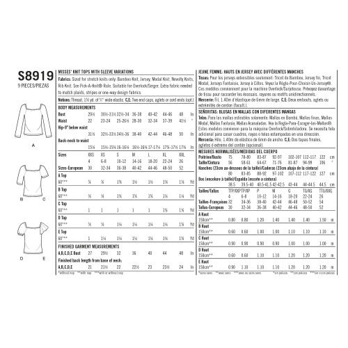 Naiste trikoo-topid, suurused: XXS-XS-S-M-L-XL-XXL, Simplicity Pattern #S8919 