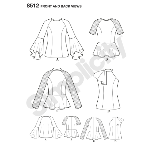 Naiste ja petit-naiste varrukavariatsioonidega topid, Simplicity Pattern # 8512 