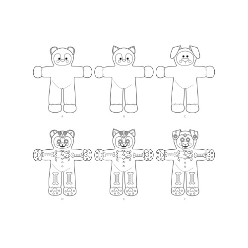 Topistäidetavad kass, karu ja koer, suurused: Ühes mõõdus, Simplicity Pattern #S8968 