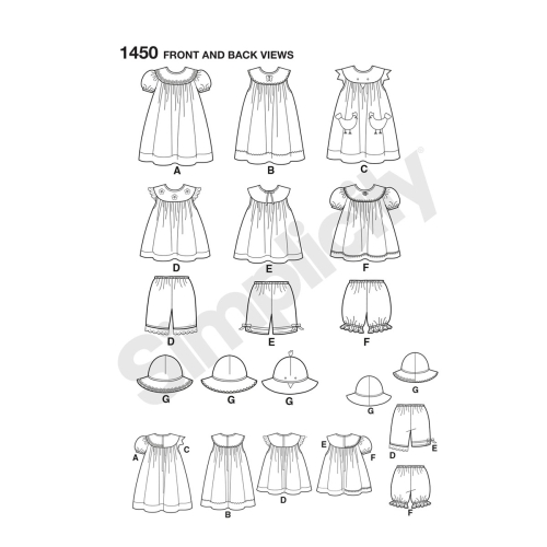 Väikelaste kleit, Topp, püksikud ja müts, suurused: A (1/2-1-2-3-4), Simplicity Pattern #1450 