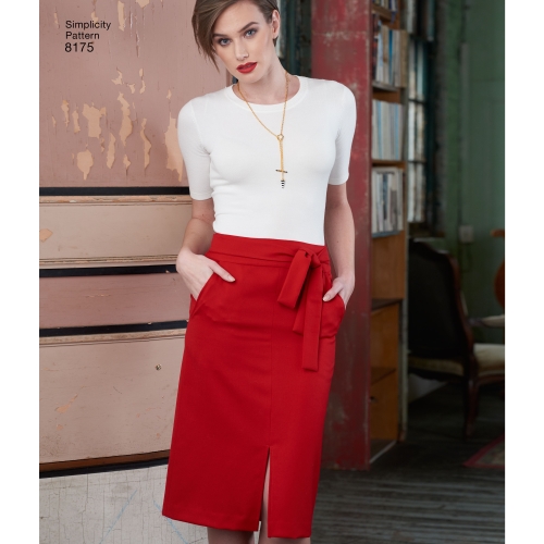 Naiste kitsad ja laienevad seelikud, kärbitud püksid, ja sõlmitav vöö, Simplicity Pattern #8175 
