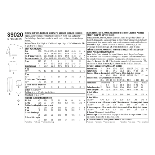 Naiste magamisriietus trikoo-topid, püksid, shortsid ja aksessuaarid, suurused: A (XXS-XS-S-M-L-XL-XXL), Simplicity Pattern #S9020 