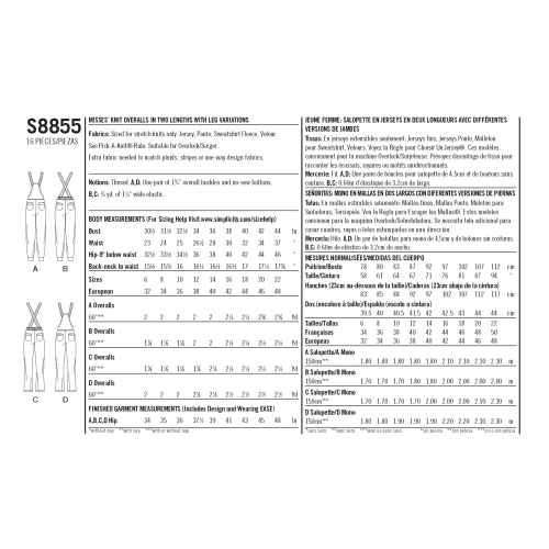 Misses` knit Overalls, Simplicity Pattern #S8855 