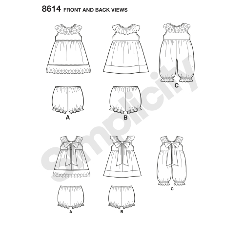 Beebide kleit, kombinesoon ja püksikud, suurused: A (XXS-XS-S-M-L), Simplicity Pattern #8614 